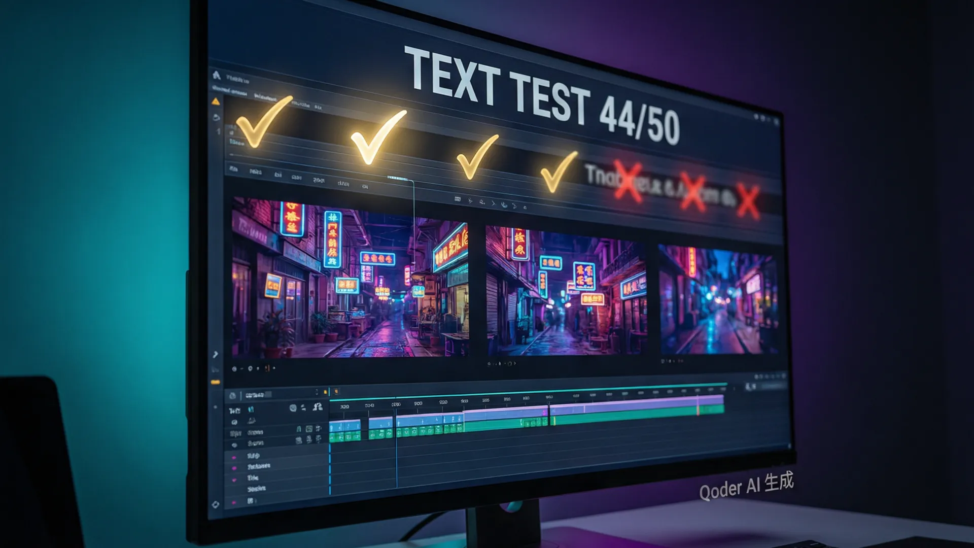 Seedance 2.5 text rendering test with subtitles and neon signs in video frames